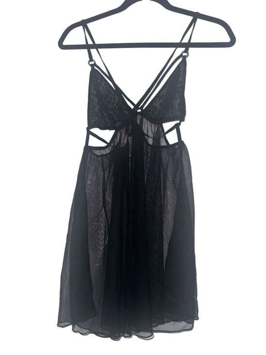 Victoria's Secret Other - Victorias Secret Black Sheer Mesh Lace Lingerie Babydoll Dress With Strappy Deta